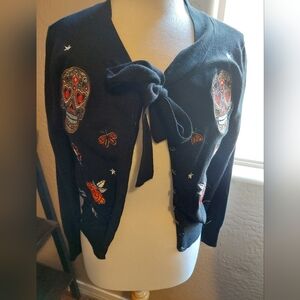 Embroidered Sugar Skull/Rose Cardigan - Buttons And Top Tie - Sexy and Sinister!